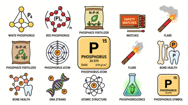 Phosphorus Element Infographic Set with Periodic Table Symbol, White and Red Allotropes, NPK Fertilizer, Matches, Flare, and DNA Strand Vector Illustration