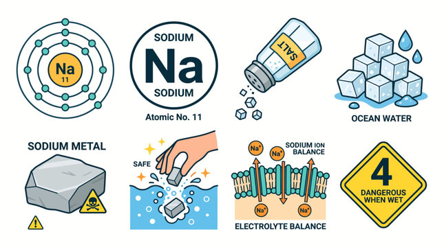 Sodium Element Science Icon Set with Atomic Structure, Salt Shaker, Metal Reaction and Electrolyte Balance