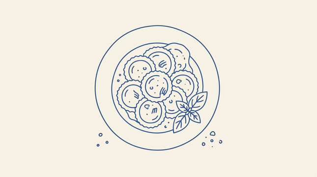 Minimalist hand drawn line art illustration of traditional Italian ravioli pasta served on a ceramic plate, elegant black ink sketch, fine contour drawing, culinary artistic silhouette design.
