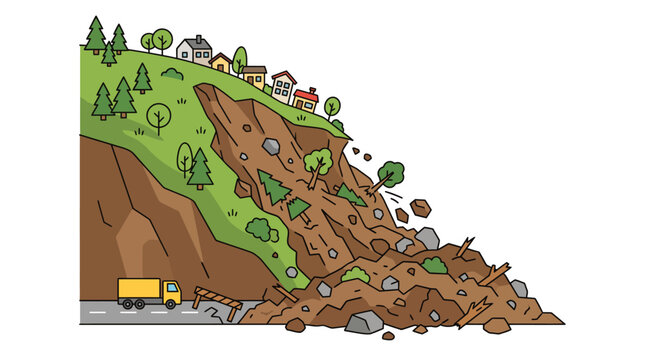 Cartoon Illustration of Landslide Destroying Road Near Houses on Hillside