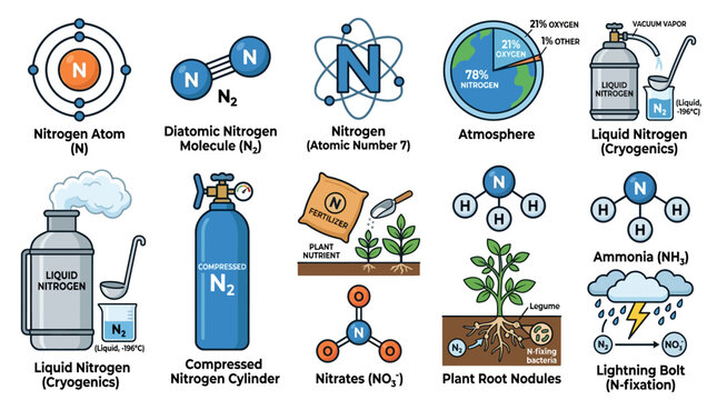 Nitrogen Cycle Cartoon Icon Set: Atomic Structure, Compounds and Uses Vector Illustration