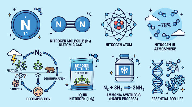 Nitrogen Element Science and Nitrogen Cycle Educational Infographic Vector Set