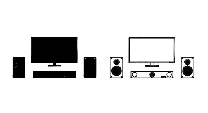 Minimal black silhouette icon, simple flat vector, bold black shape, no gradients, no shading home theater system with television, soundbar and speakers on a, flat icon style