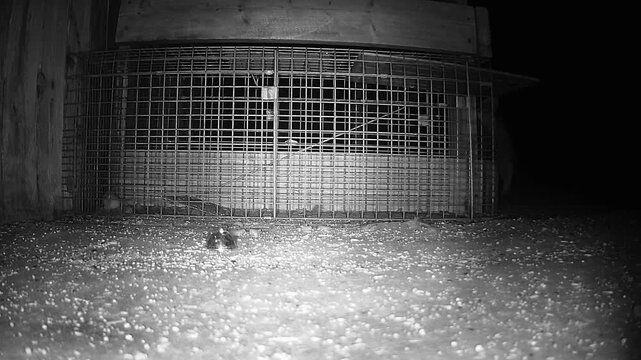 Motion-activated trail camera captures a lone raccoon cautiously inspecting a humane wire-mesh trap at night in black-and-white infrared footage.