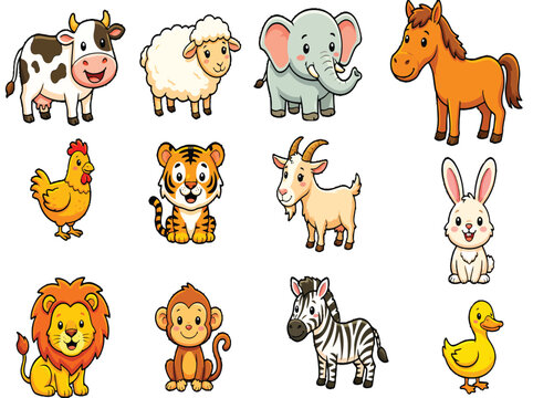 Cute cartoon animal collection with 12 vector characters, friendly farm and wild zoo animals set, colorful nursery illustrations for children education