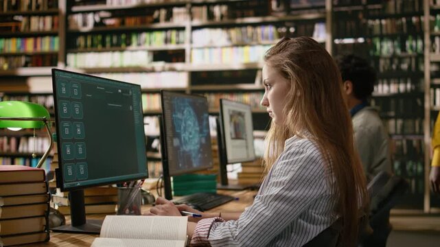 Young adult works at desktop with AI learning screens and digital tools in library computer class at desk, stack of textbooks for academic research, machine learning innovation, supporting coursework.