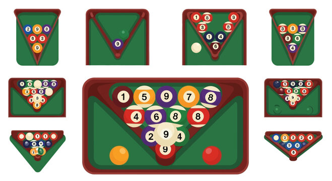 Set of Billiard Pool Ball Racks and Table Game Elements