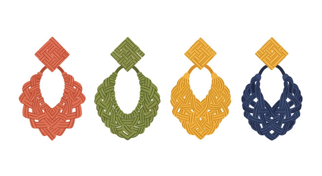 Set of Colorful Macrame Earrings with Intricate Woven Knot Patterns