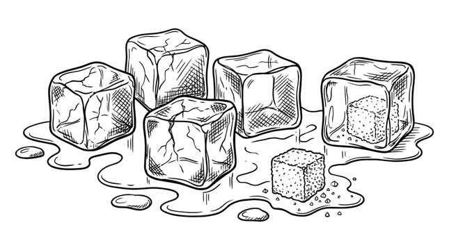 Minimalist Hand Drawn Ice Cube Sketch Featuring Fresh Water Drops and Black Outline Doodle Illustration Style Isolated on White Background for Refreshing Concept Graphic Design Art
