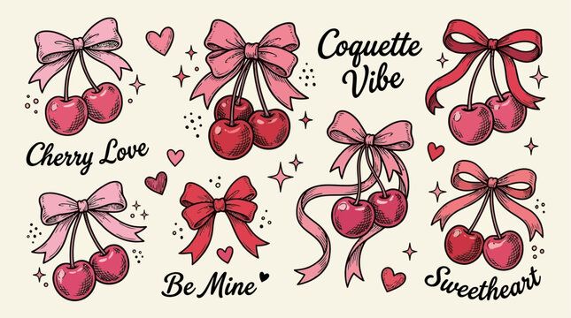 Adorable hand drawn cherry doodle collection featuring charming pink bows and red fruit elements in a stylish coquette aesthetic perfect for romantic love themed graphic design projects.