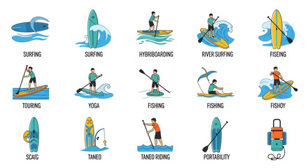 Fototapeta premium Set of Stand Up Paddle Boarding and Surfing Activity Icons
