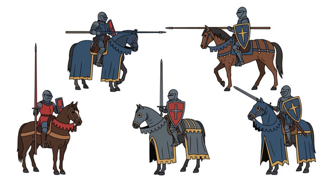 Set of Medieval Knights Riding War Horses with Lances and Shields