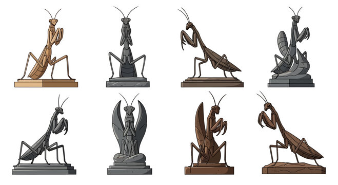 Set of Praying Mantis Statues in Various Poses