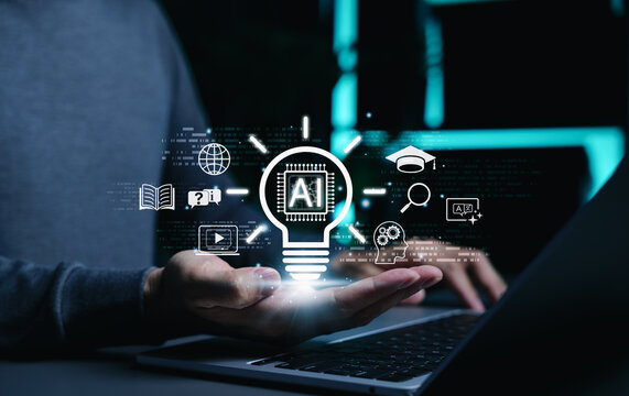 AI learning technology and digital education innovation concept. artificial intelligence lightbulb, online training tools, knowledge search, language learning, creative ideas, future skill development
