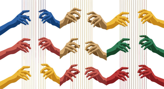 Abstract Colorful Hands as Puppets with Strings Conceptual Illustration