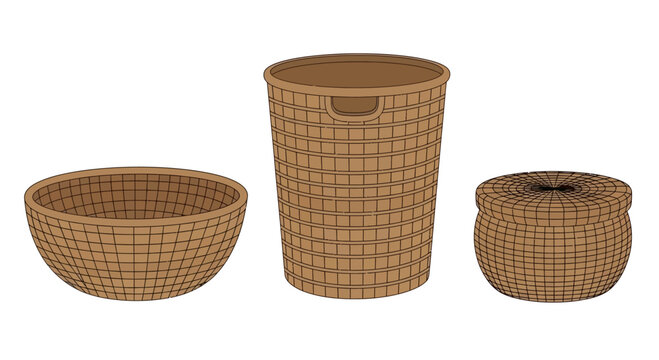3D Rendered Set of Woven Wicker Baskets and Laundry Hamper