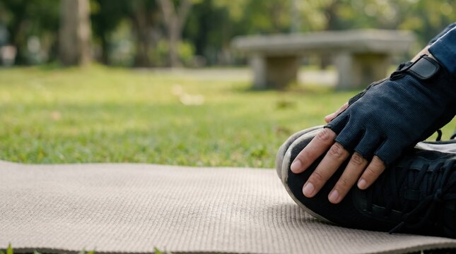 Close up of a person wearing fingerless gloves resting hand on knee while sitting on a yoga mat in a park for outdoor fitness training
