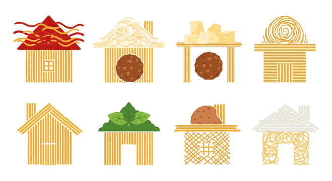 Creative Pasta and Food Ingredient House Icon Collection