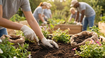 Fototapeta premium Diverse group of volunteers planting seedlings in a community garden, sustainable urban agriculture and teamwork concept, outdoor gardening activity in raised beds