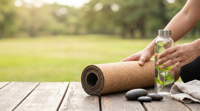 Sustainable yoga practice with cork mat and infused water bottle on wooden deck outdoors for mindful wellness and healthy lifestyle