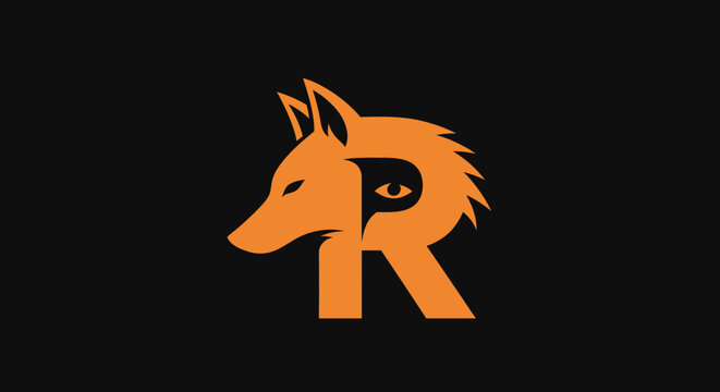 Minimalist orange fox and letter R logo on black background
