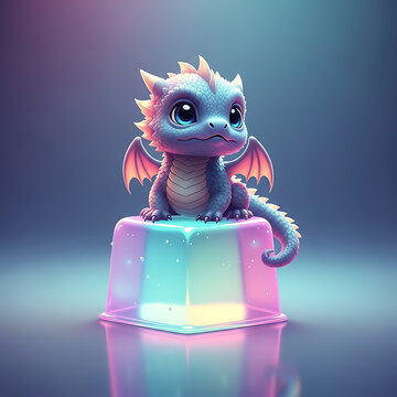 Adorable baby dragon perched on glowing jelly with vibrant neon lighting and pastel hues