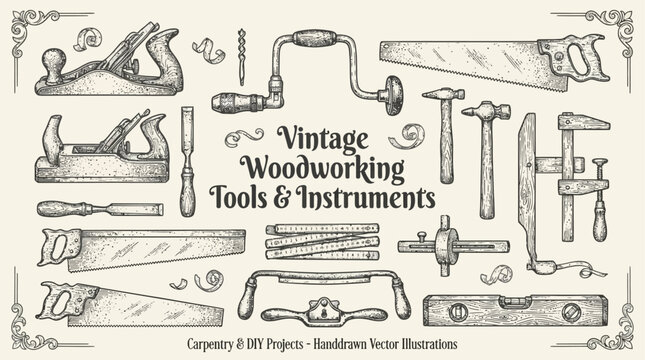 Exquisite set of antique woodworking tools and rustic carpentry instruments arranged for traditional craftsmanship and manual timber joinery projects on aged wooden workbench background