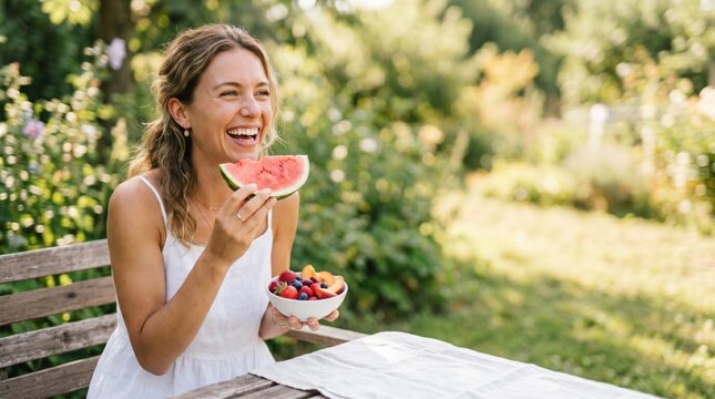 Happy young woman eating fresh watermelon and fruit salad in a sunny garden, healthy summer lifestyle concept for wellness and nutrition