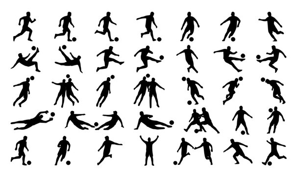Soccer player silhouette set dynamic football player action poses black sports figures vector