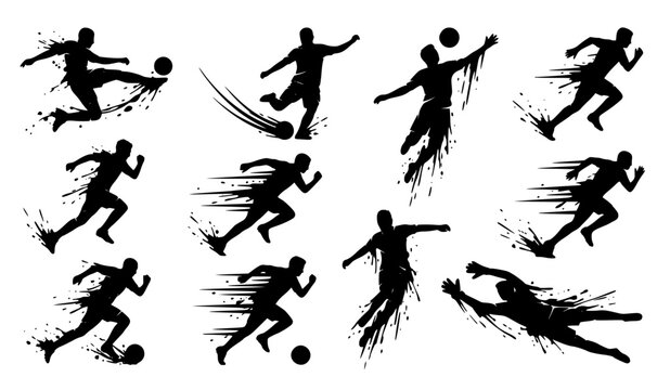 Ink style soccer player silhouette collection black football sports action figures vector