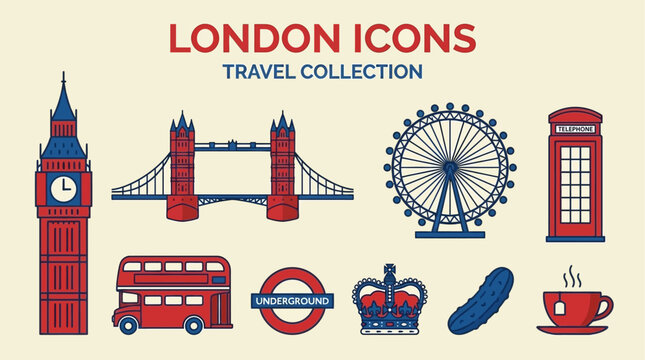 Vibrant Collection of Flat London City Icons Featuring Landmark Architecture and Famous British Symbols for Tourism Graphic Design and Travel Illustration Projects