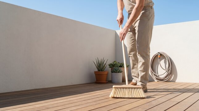Young man sweeping wooden terrace deck with broom, outdoor home maintenance and cleaning concept, male homeowner tidying balcony floor