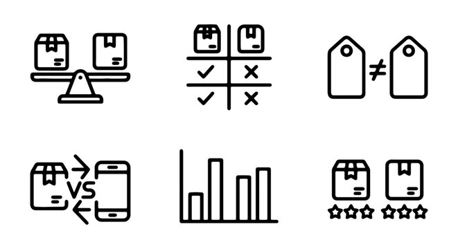 Business Comparison Icons: Balance, Tic Tac Toe, Pricing, Versus, Chart, Ratings