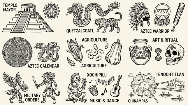 Collection of Intricate Aztec Civilization Icons and Symbols Illustrating Ancient Mesoamerican Culture Tribal Art Elements of Pre-Columbian Mexican Heritage and Archeology Illustrations