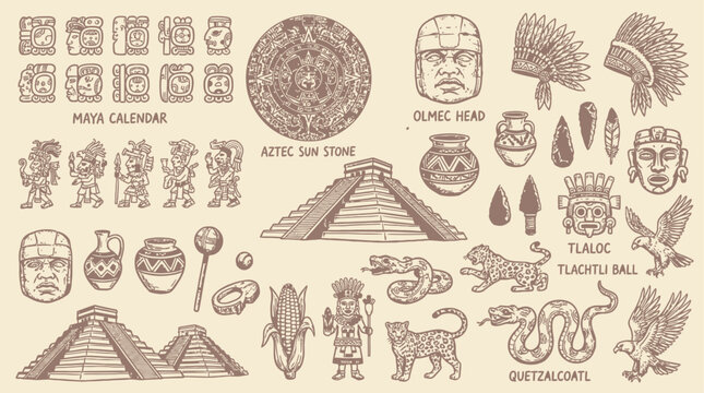 Extensive Collection of Ancient Mesoamerican Civilization Symbols Artifacts and Iconic Relics Representing Diverse Pre-Columbian Cultures Like Aztec Maya and Inca for Educational Illustration