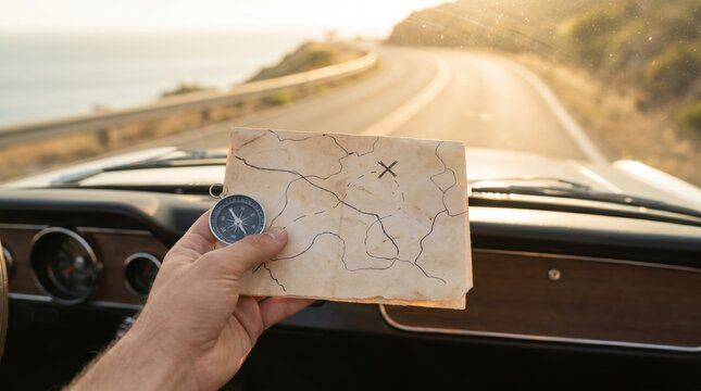 Young man holding vintage map and compass inside classic car on road trip adventure searching for hidden treasure location