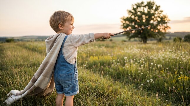 Little boy playing wizard with a stick in a summer meadow, imaginative childhood play outdoors, magical fantasy concept, caucasian toddler pretending to cast spells in nature