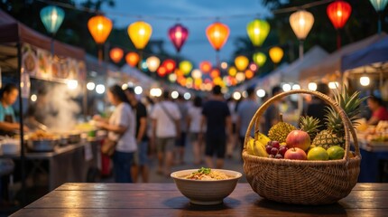 Fototapeta premium Street food night market scene with noodle bowl and fresh fruit basket on wooden table, travel concept for Asian culinary tourism
