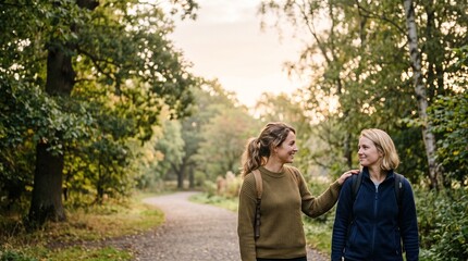 Fototapeta premium Two women friends walking on a path in a forest during autumn with sunlight filtering through the trees