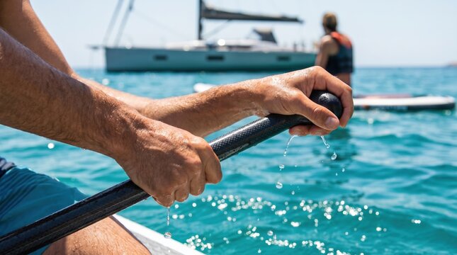 Close up of male hands holding carbon fiber paddle while stand up paddleboarding on ocean water for summer vacation activity