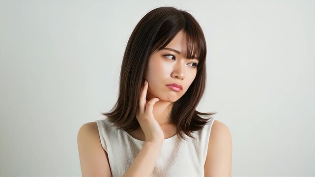 目を閉じて頬に手を当てながら不安そうに悩む若い女性
