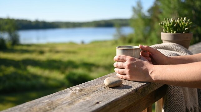 Young woman holding warm ceramic mug on wooden deck overlooking serene lake landscape for peaceful morning coffee break concept