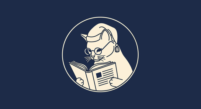 Cat with glasses reading book circle logo.