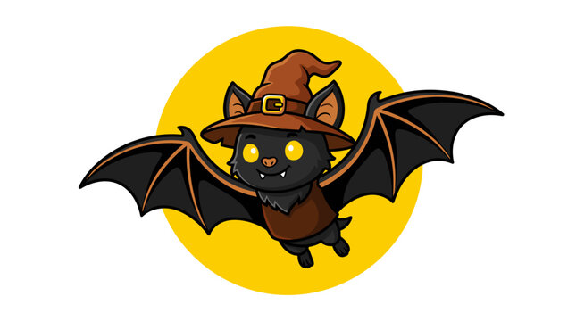 Cute cartoon bat wearing a witch hat.