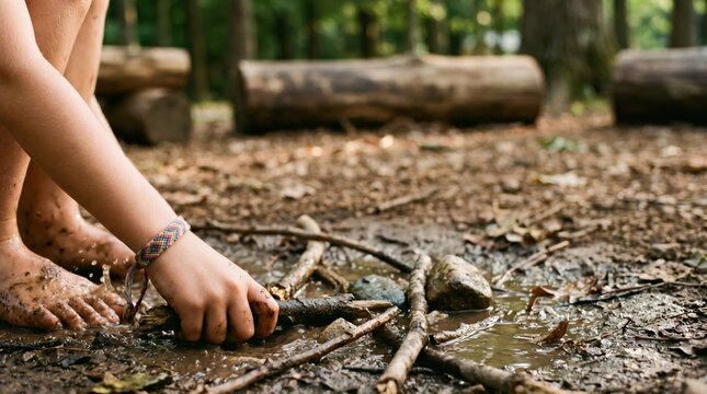 Young child playing with mud and sticks in a forest puddle, outdoor nature exploration and sensory play for childhood development