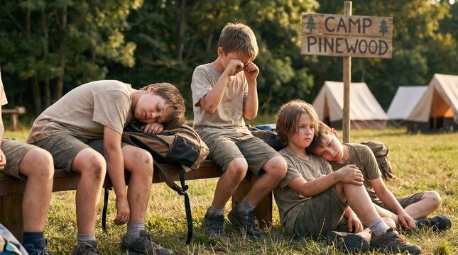 Exhausted young boys sitting on a bench at summer camp feeling homesick and tired after outdoor activities in nature