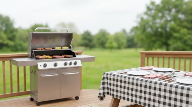 Outdoor Gas Grill Cooking Sausages on Wooden Deck with Picnic Table Set for Summer Backyard Barbecue Party Concept