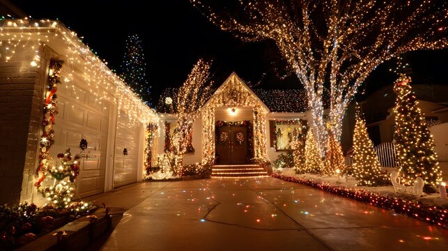 A suburban house is brightly decorated with thousands of warm white lights for the at night