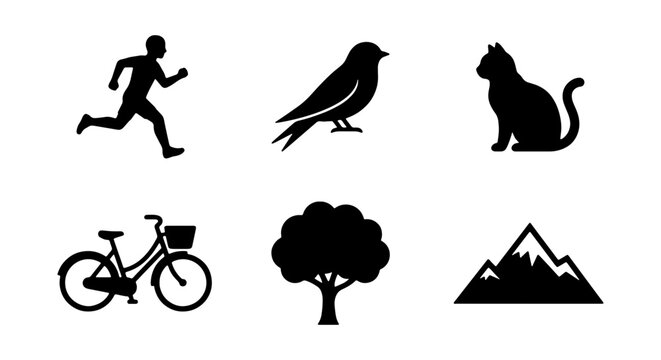Silhouette Icons: Runner, Bird, Cat, Bicycle, Tree, Mountains