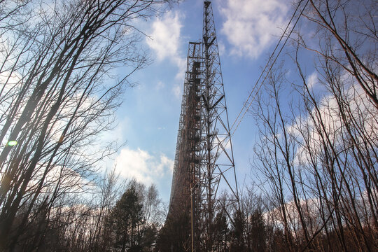 The famous USSR radar "Duga" as known as russian woodpacker. Still can be found in Chornobyl exclusion zone, but radar is abandoned but showed in computer games. 